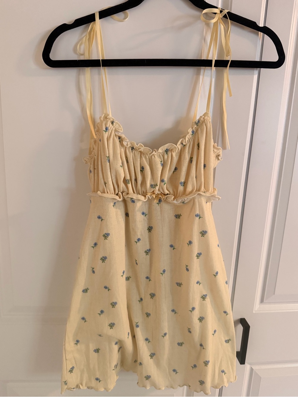 For Love and Lemons yellow and blue floral pointelle lingerie dress